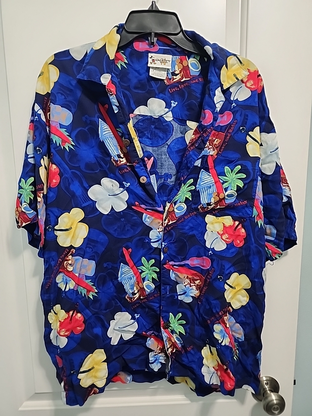 Disney Mens  Blue Tropical Print Short Sleeve Button-Up Shirt